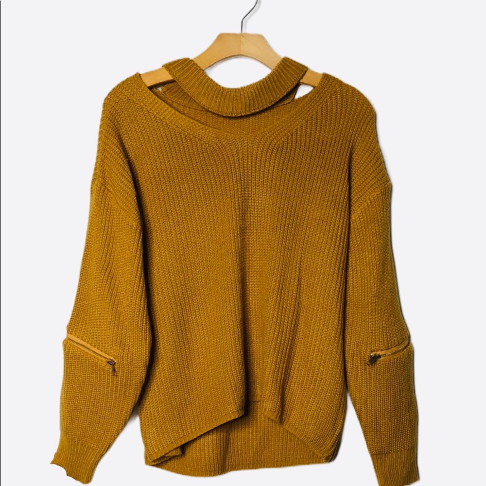 Burnt Mustard Yellow Choker Zipper Sleeve Sweater